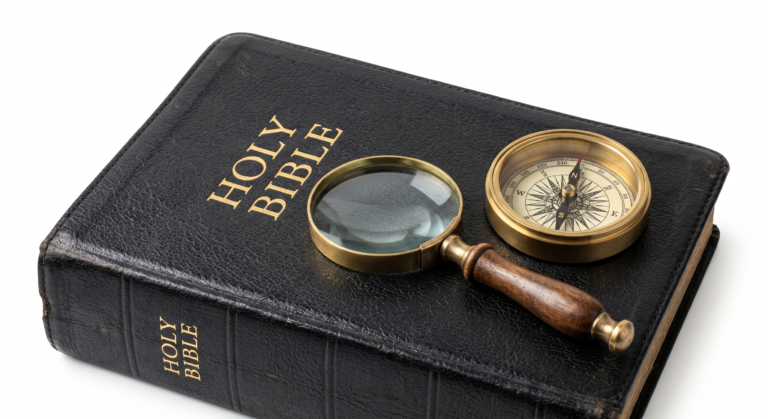 A picture of a Bible with a magnifying glass and a compass