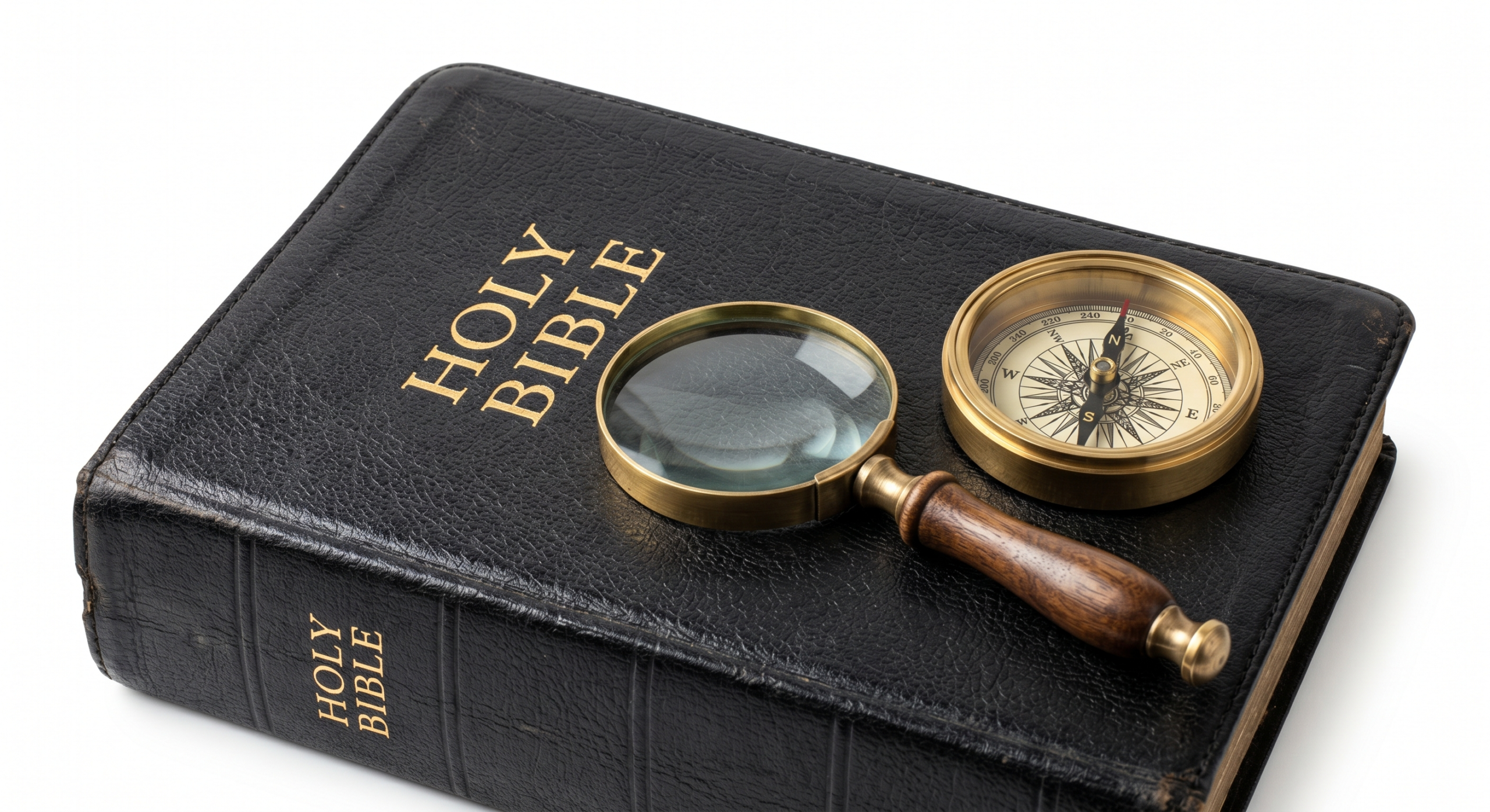 A picture of a Bible with a magnifying glass and a compass