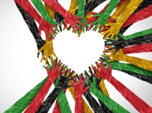 Multi colored hands forming a heart illustrating that God's love is for all