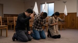 three people surrendering to God