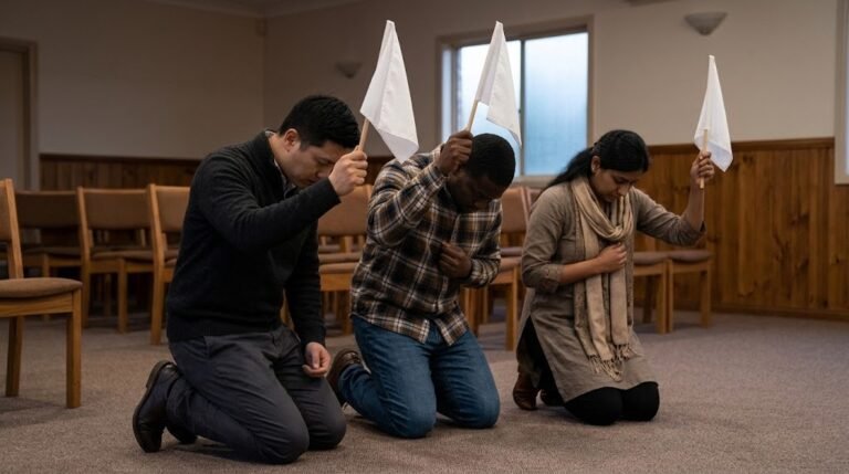 three people surrendering to God