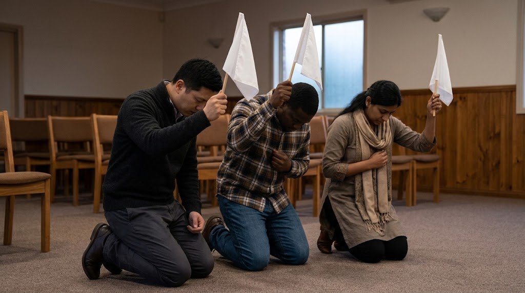 three people surrendering to God